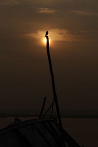 Silhouette man by sea against sky during sunset