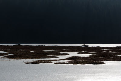 Scenic view of snow field against sky at night