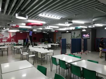 Empty chairs and tables in restaurant