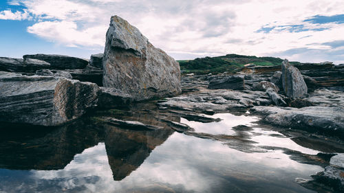 Reflection of rocks in water against sky