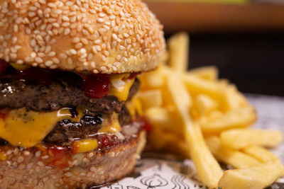 Close-up of burger on table