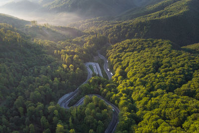 Summer aerial view of transalpina mountain road, at sunrise