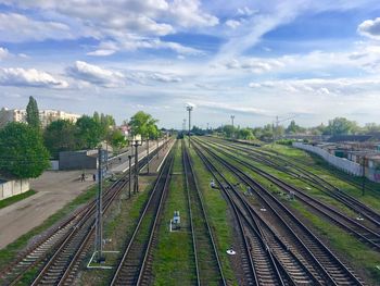 High angle view of railroad tracks against sky