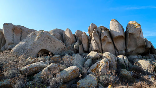 Stack of rocks against blue sky