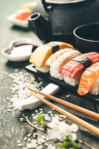 High angle view of sushi served on table