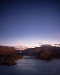 Scenic view of mountains against sky at night