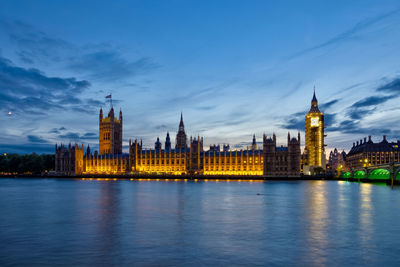 Buildings by river against sky