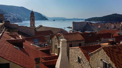 Buildings in city against clear sky