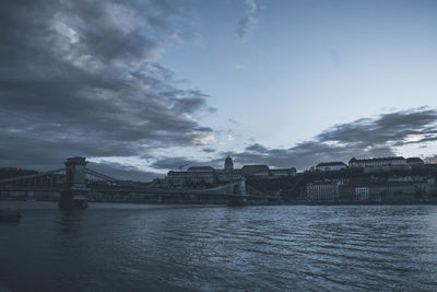 Bridge over river against buildings in city