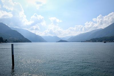 Scenic view of lake against cloudy sky