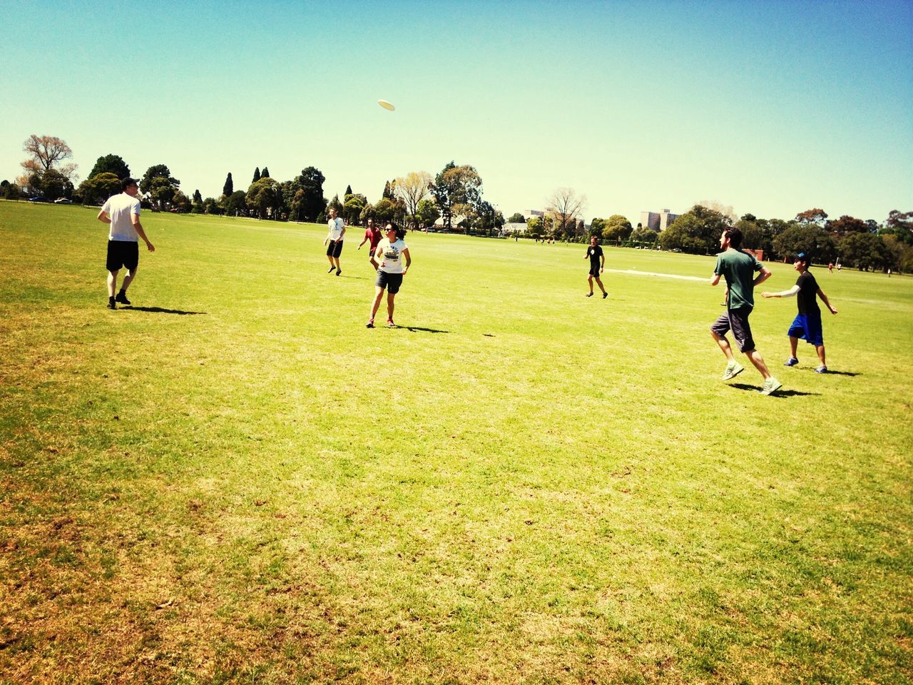 grass, leisure activity, lifestyles, men, large group of people, clear sky, person, field, togetherness, copy space, full length, grassy, walking, casual clothing, green color, landscape, mixed age range, vacations, medium group of people