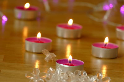 Close-up of lit candles on table