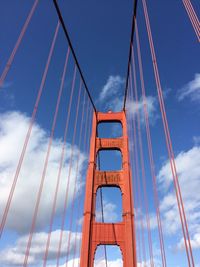 Low angle view of suspension bridge against sky