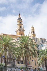 Low angle view of palm trees and buildings against sky