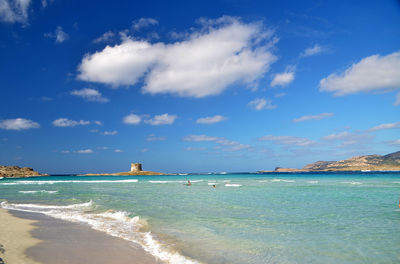 Scenic view of sea against blue sky