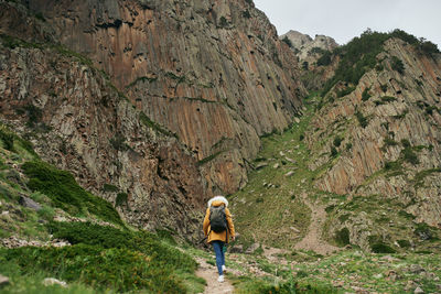 Rear view of man walking on rock