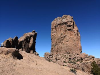 Low angle view of rocks against clear blue sky