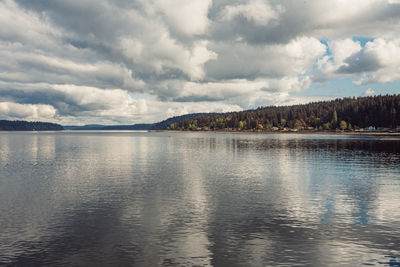 Scenic view of water against dramatic cloudy sky with cold reflection on water