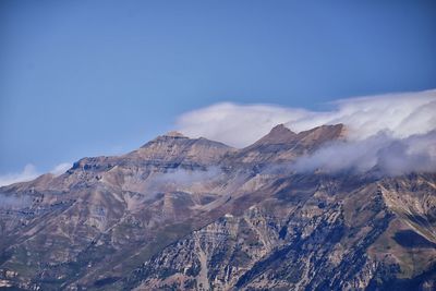 Scenic view of snowcapped mountains against clear sky
