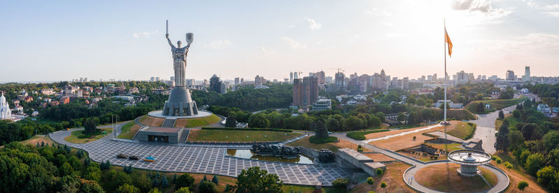 Aerial view of the mother motherland monument in kiev.