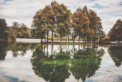 Scenic view of lake by trees against sky