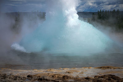 Water spraying at hot spring