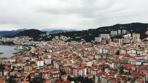 High angle shot of townscape against sky