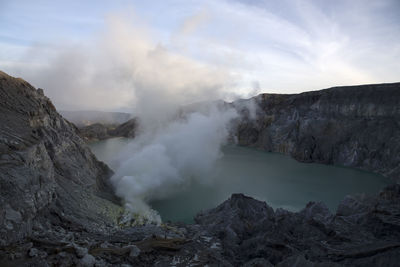 Smoke emitting from volcanic mountain against sky