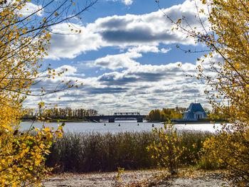 Scenic view of lake against cloudy sky