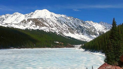 Scenic view of frozen lake by snow covered mountains against sky