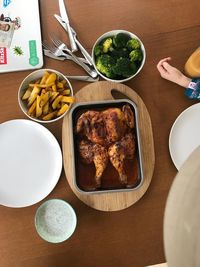 High angle view of meal served on table