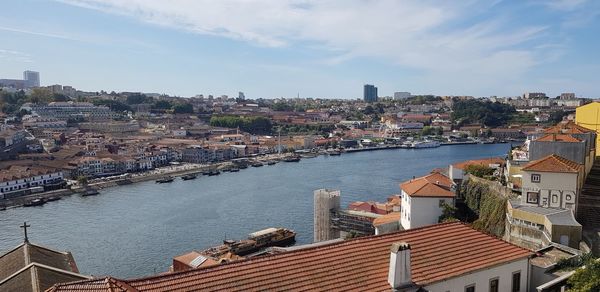 High angle view of townscape by river against sky