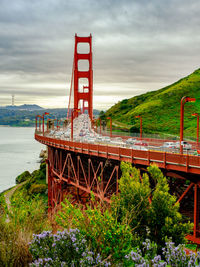 Golden gate bridge over river against sky