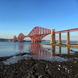 Firth of forth rail bridge over river against clear blue sky