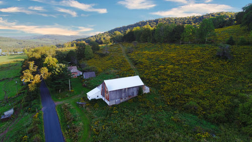 Arial shot of a deserted barn somewhere in the catskills region 