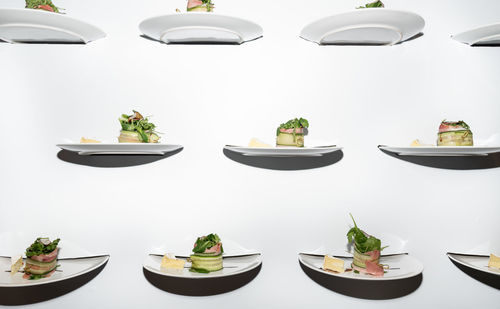 Panoramic shot of potted plants on table