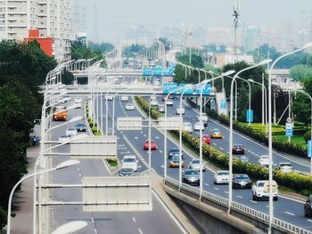 High angle view of traffic on road in city