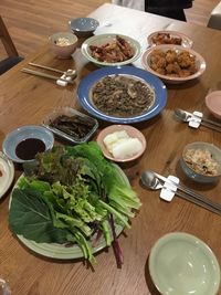 High angle view of meal served on table