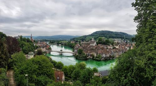High angle view of river amidst trees against sky