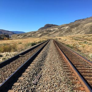 Railroad track leading towards mountains against clear blue sky