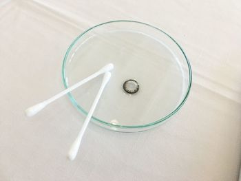 High angle view of cotton swabs in petri dish on table