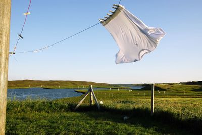 Low angle view of white t-shirt hanging on rope against clear sky