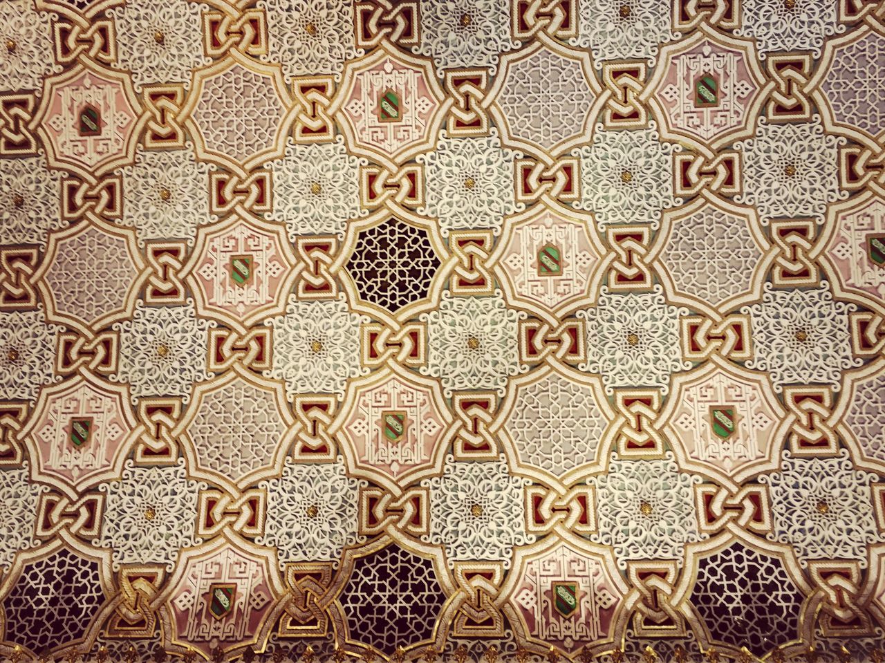 full frame, indoors, backgrounds, pattern, design, textured, floral pattern, ceiling, ornate, close-up, no people, art and craft, wall - building feature, repetition, architecture, creativity, high angle view, geometric shape, detail, textile