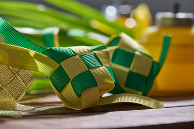 Close-up of christmas decorations on table