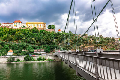 Bridge over river by buildings against cloudy sky