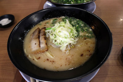 High angle view of soup in bowl on table