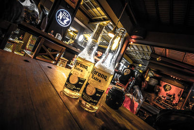 High angle view of bottles on table