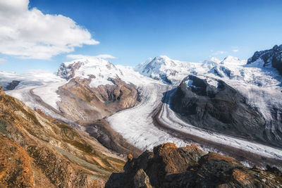 Scenic view of snowcapped mountains against sky