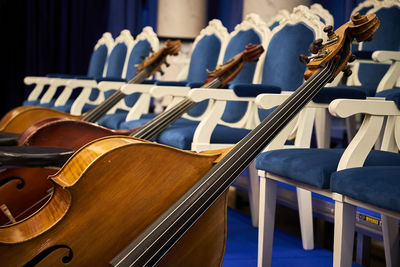 Strings of an old contrabass closeup