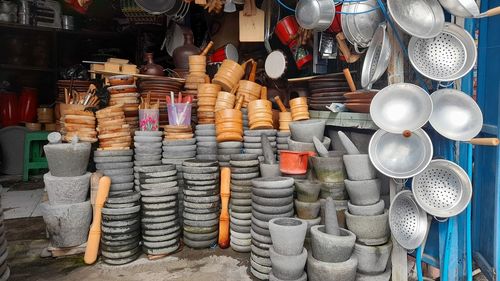 High angle view of containers